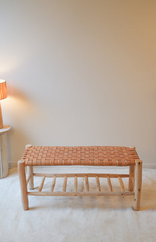 Banc en cuir et bois brut avec rangement