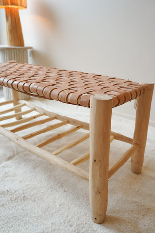 Banc en cuir et bois brut avec rangement